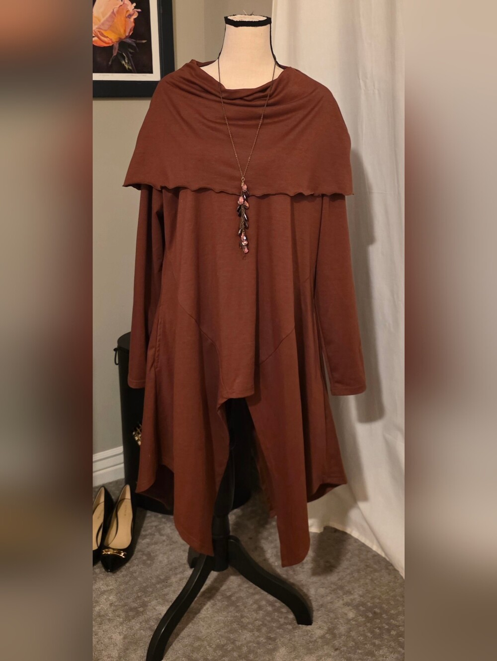 Women's Asymmetric Winter Tunic with Draped Collar - Brown NWT